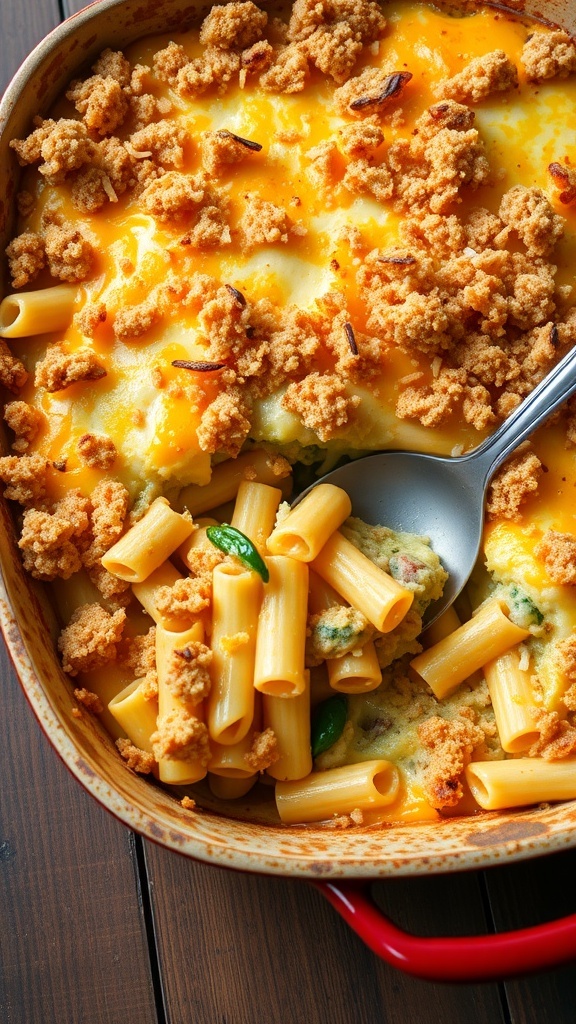 Cheesy Casserole Recipe A cheesy casserole with pasta and vegetables, topped with breadcrumbs, in a rustic baking dish.